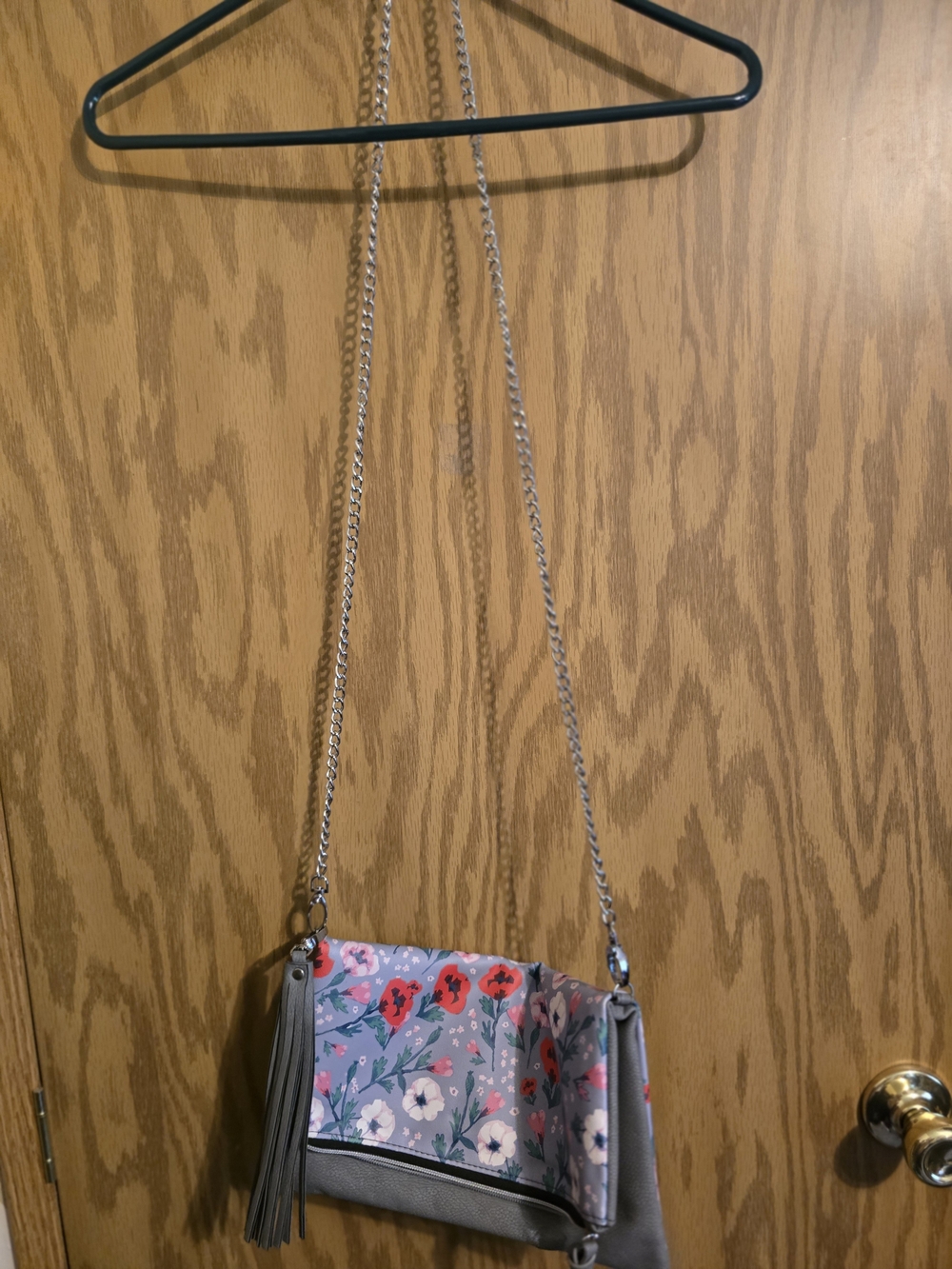 Floral Print Gray Crossbody Bag with Tassel Strap
